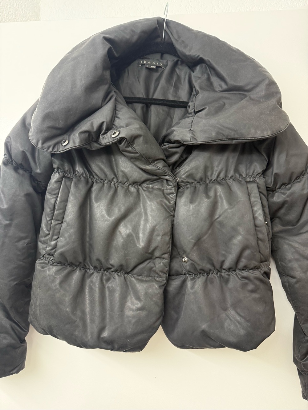 Theory Black Short Puffer Jacket with High Collar